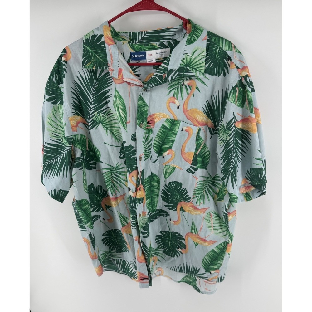 Old Navy Mens XXL Flamingo Hawaiian Shirt Tropical Palm Leaf Button Up